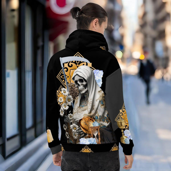 Santa Muerte Blanca Hoodie, expressing intricate design from Cosmovisions.